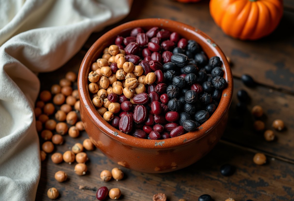 Terracotta bowl of dried kidney, black, and garbanzo beans, key to learning how to cook dried beans from scratch