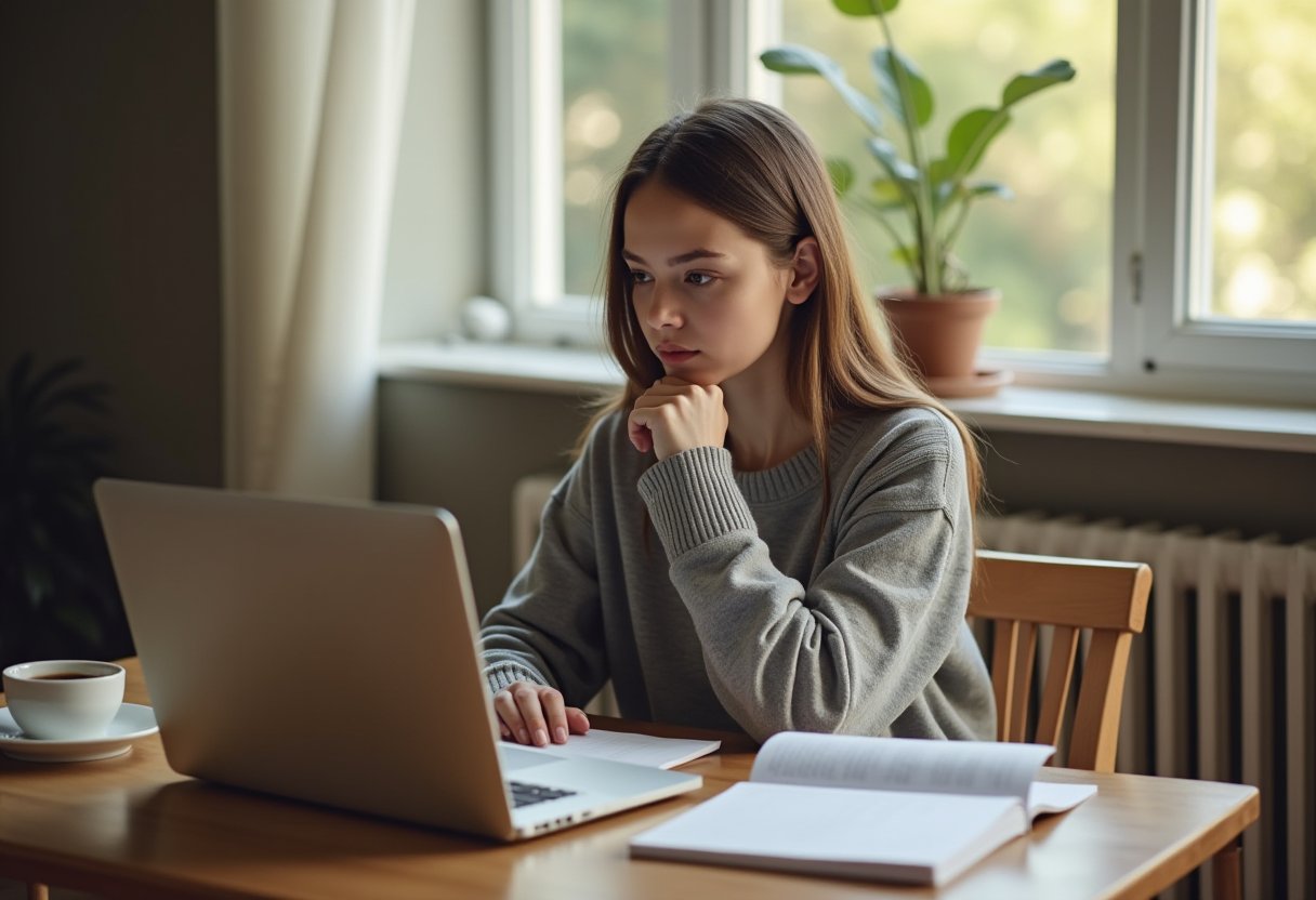 Woman resting chin on fist, staring at laptop with untouched coffee and notebook, trying to stop procrastinating