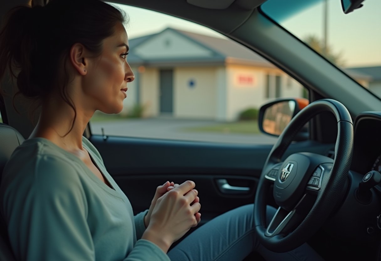 Woman sits anxiously in her car outside a GP clinic, hands clasped, preparing to talk to her GP about mental health.