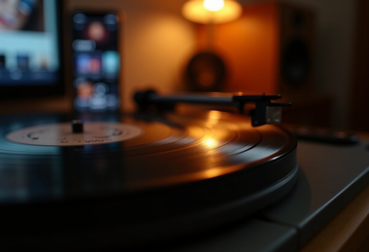 Vinyl record spinning on a turntable in a dimly lit room, evoking the question: is the album format dying?