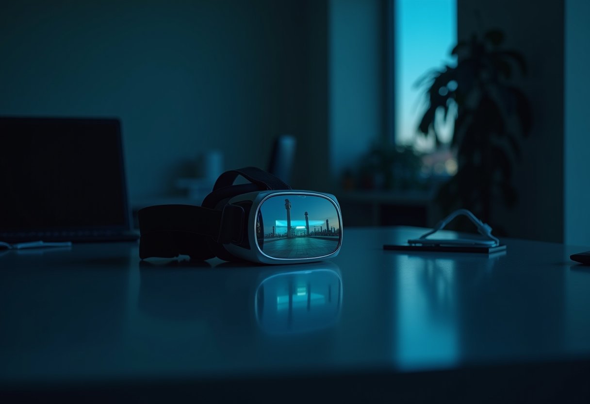 VR headset lies unused on a dim desk, its lens reflecting an empty virtual city — a visual metaphor for metaverse what went wrong