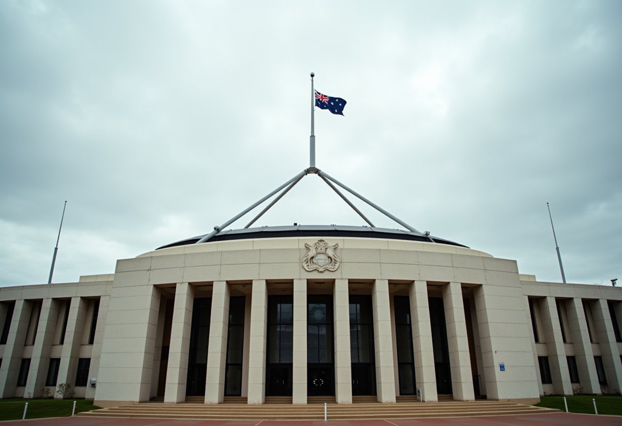 Australian flag flying atop Parliament House in Canberra, symbolising the seat of social media regulation Australia debates
