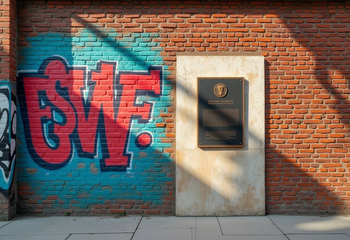 Spray-painted graffiti tag beside an official bronze plaque on brick, illustrating street art vs public art on a city wall