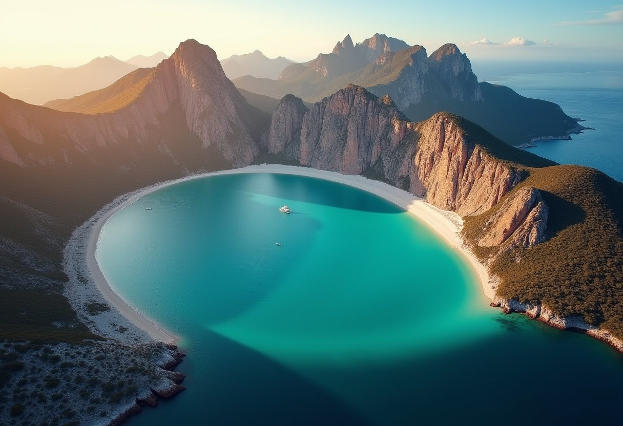Aerial view of a curved white-sand beach with turquoise waters cradled by rugged mountains — Tasmania travel guide highlight