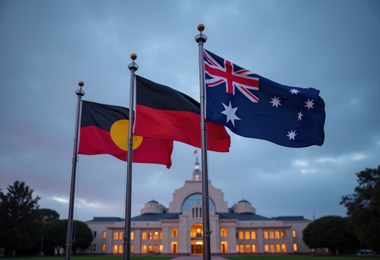 Aboriginal and Australian flags fly at dusk outside a lit building amid the Voice referendum outcome on Indigenous policy.