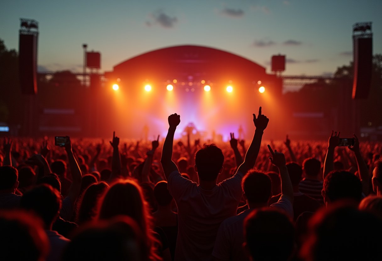 Crowd raises arms and phones toward a red-lit outdoor stage, singing along to why some songs become anthems