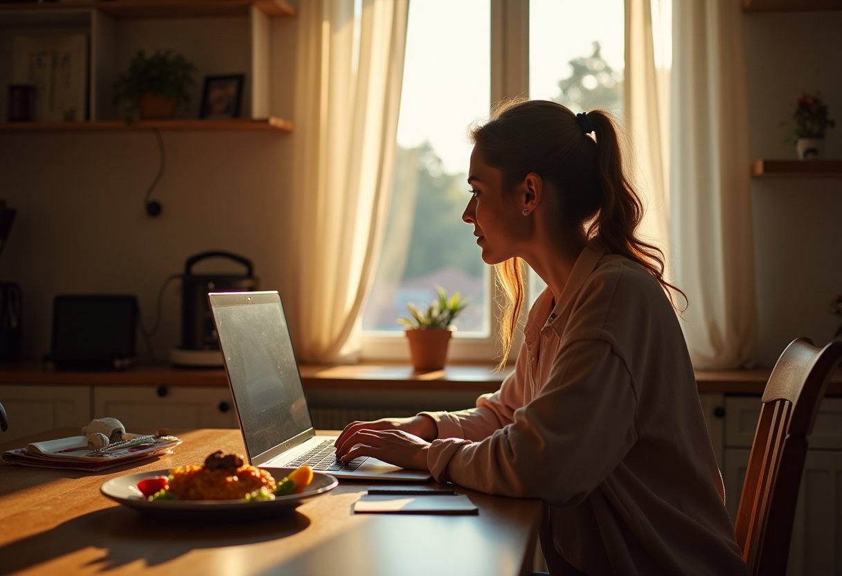 Woman working on a laptop at her kitchen table beside an untouched plate, illustrating a work life balance alternative at home