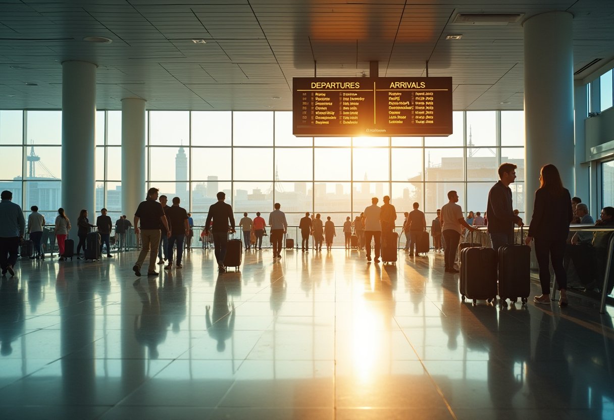 Travellers with wheeled luggage cross a sunlit airport terminal beneath a departures board, evoking Australia immigration numbers explained